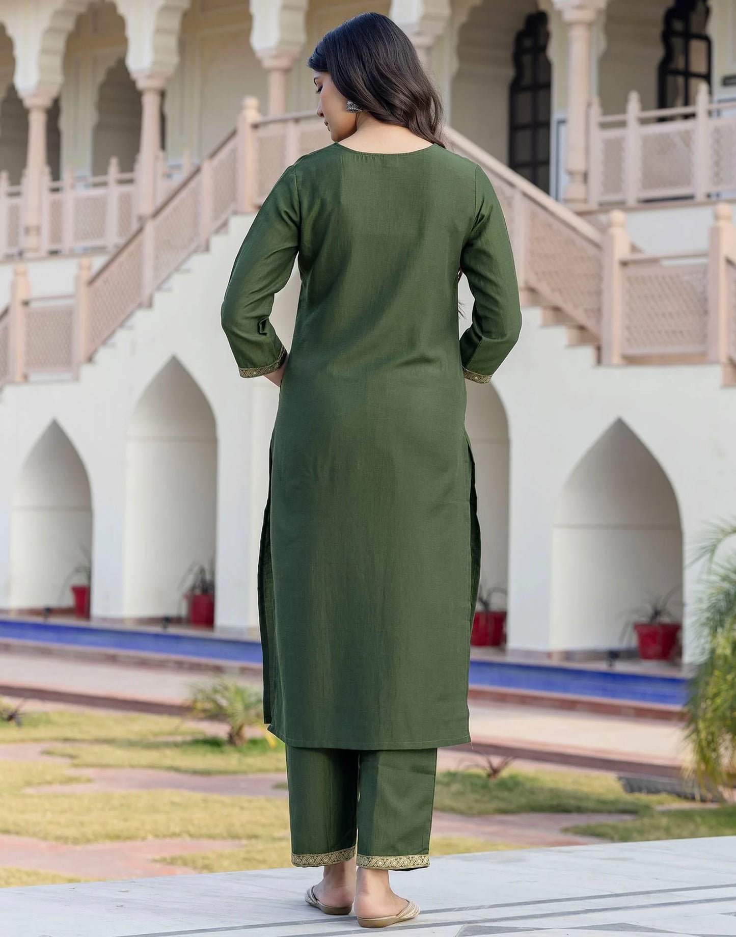 Silk Blend Weaving and Lace Straight Kurta with Pant & Dupatta