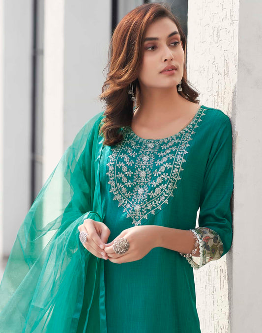 Silk Blend Sequence Embroidery Work and Lace Straight Kurta with Pant & Dupatta