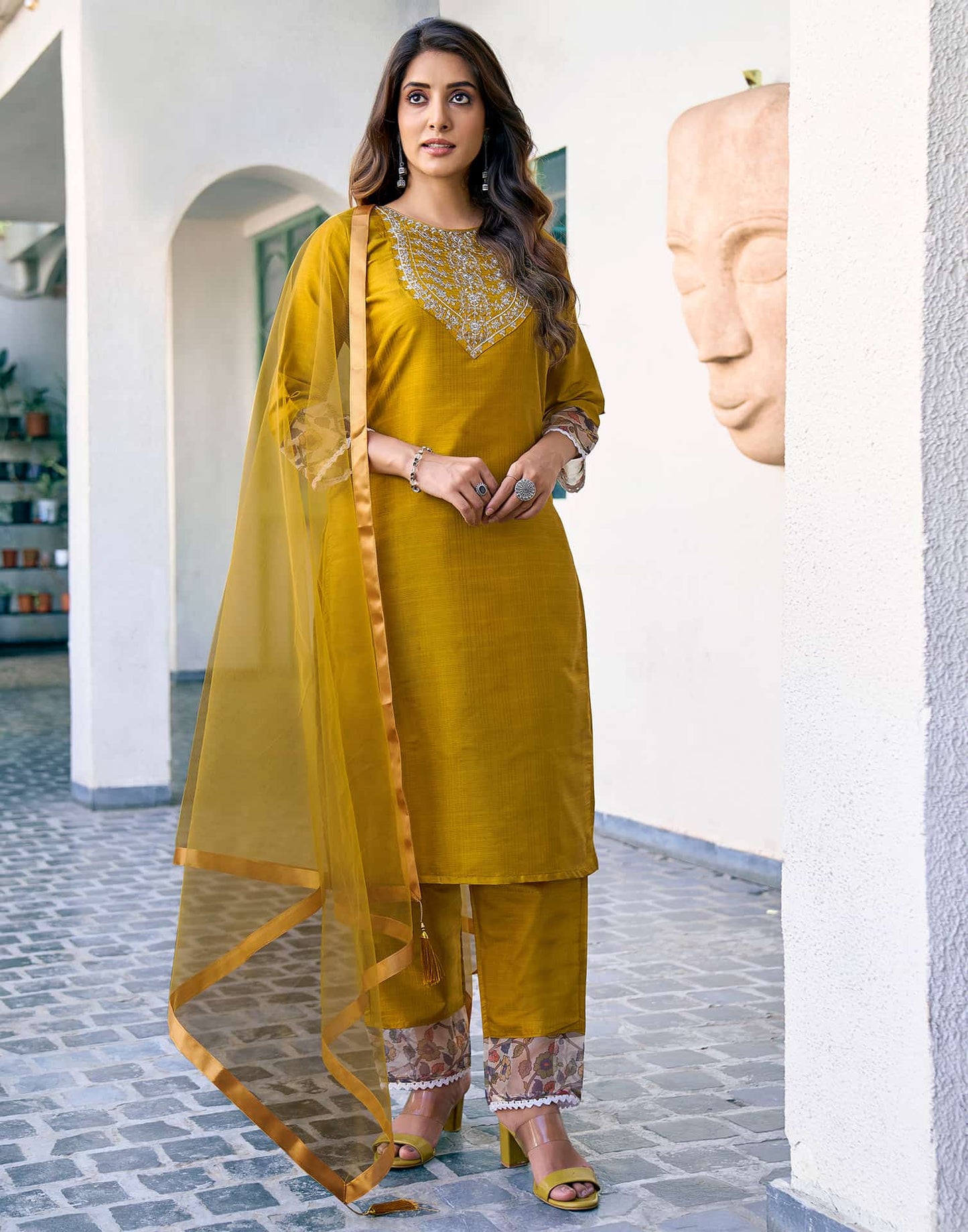 Silk Blend Sequence Embroidery Work and Lace Straight Kurta with Pant & Dupatta