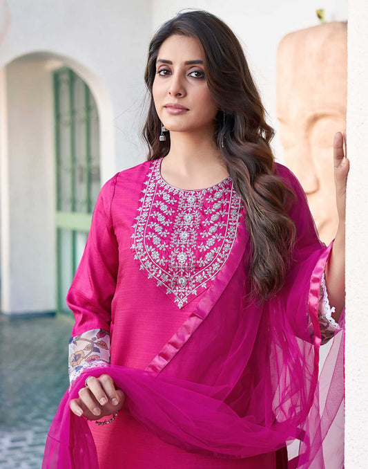 Silk Blend Sequence Embroidery Work and Lace Straight Kurta with Pant & Dupatta