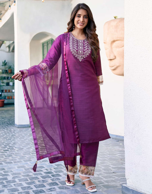 Silk Blend Sequence Embroidery Work and Lace Straight Kurta with Pant & Dupatta