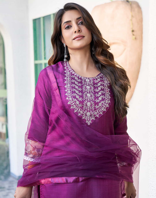 Silk Blend Sequence Embroidery Work and Lace Straight Kurta with Pant & Dupatta