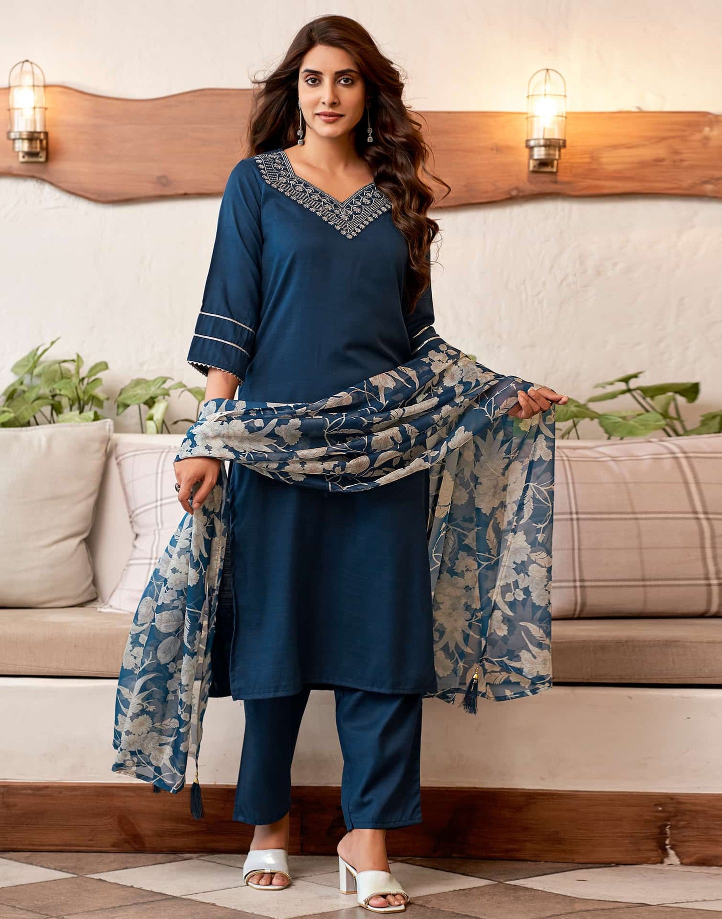 Cotton Blend Sequence, Embroidery Work and Gota Lace Straight Kurta with Pant & Dupatta