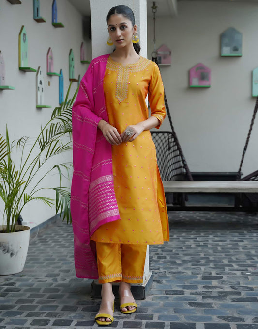 Silk Blend Embroidered Straight Kurta with Pant & Dupatta