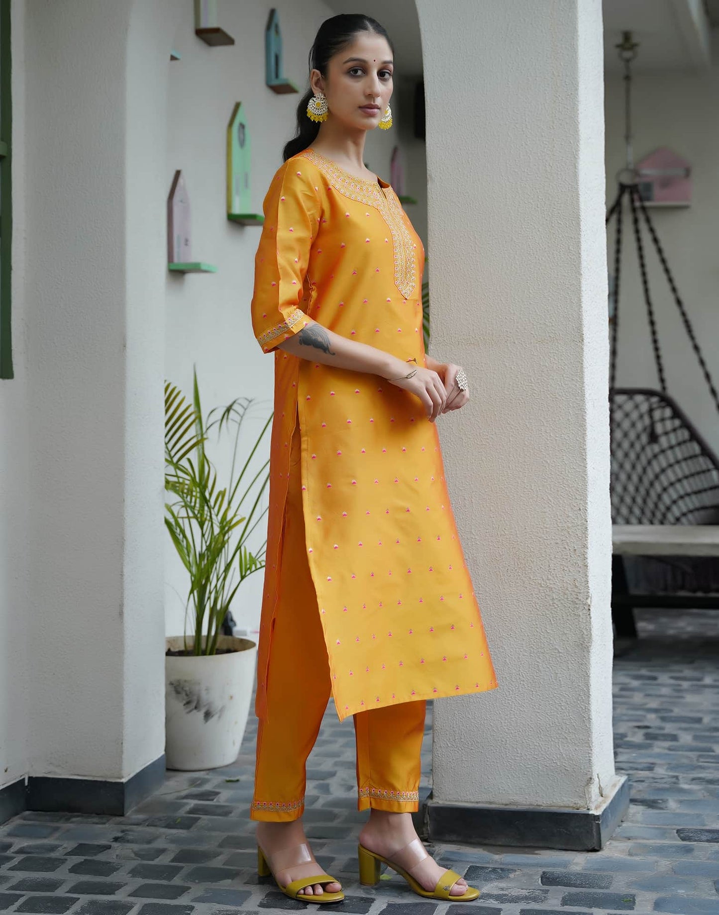 Silk Blend Embroidered Straight Kurta with Pant & Dupatta