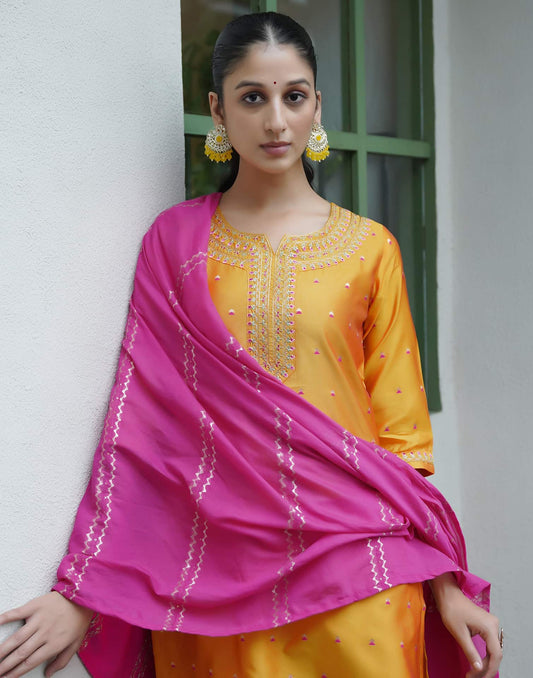 Silk Blend Embroidered Straight Kurta with Pant & Dupatta