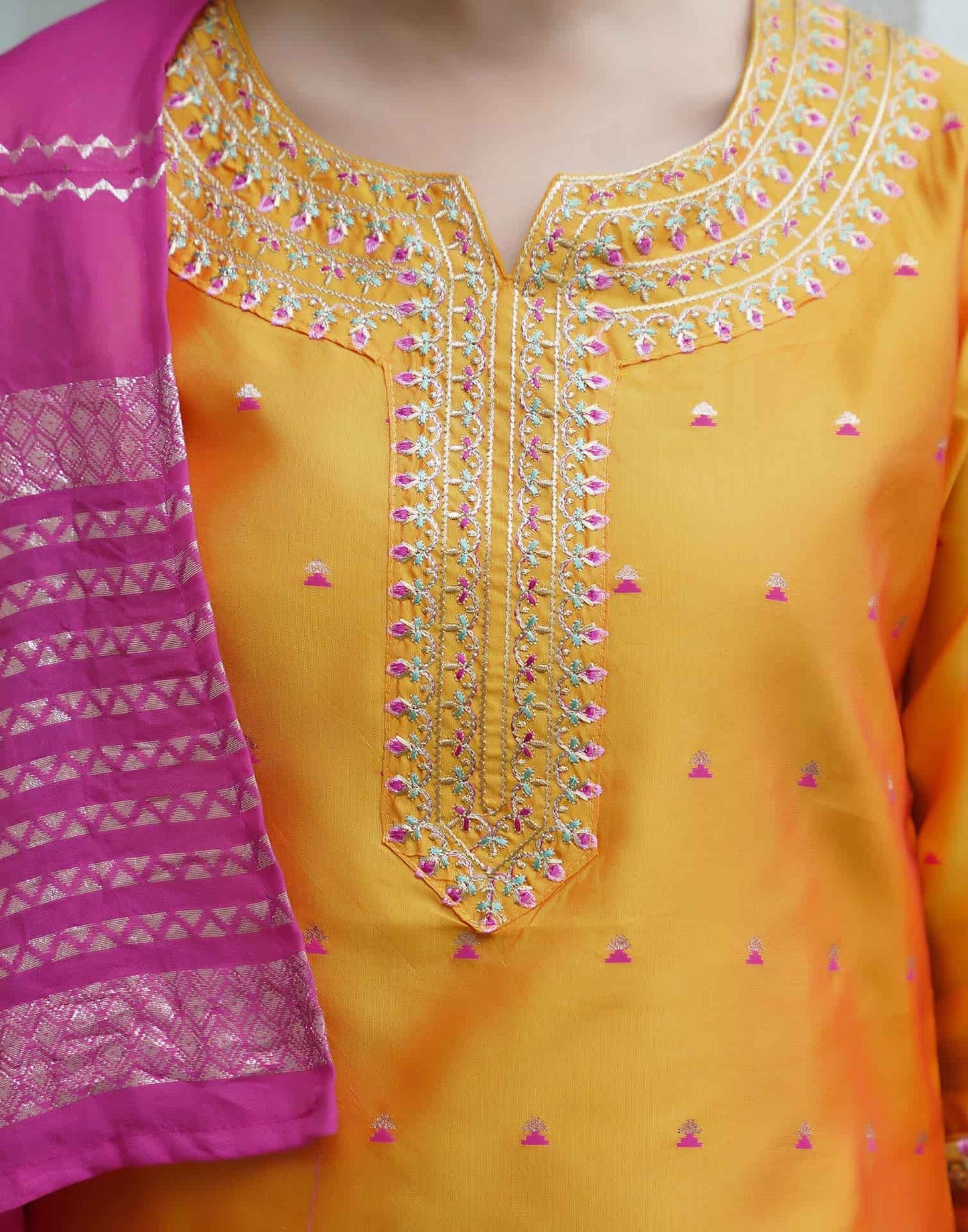 Silk Blend Embroidered Straight Kurta with Pant & Dupatta