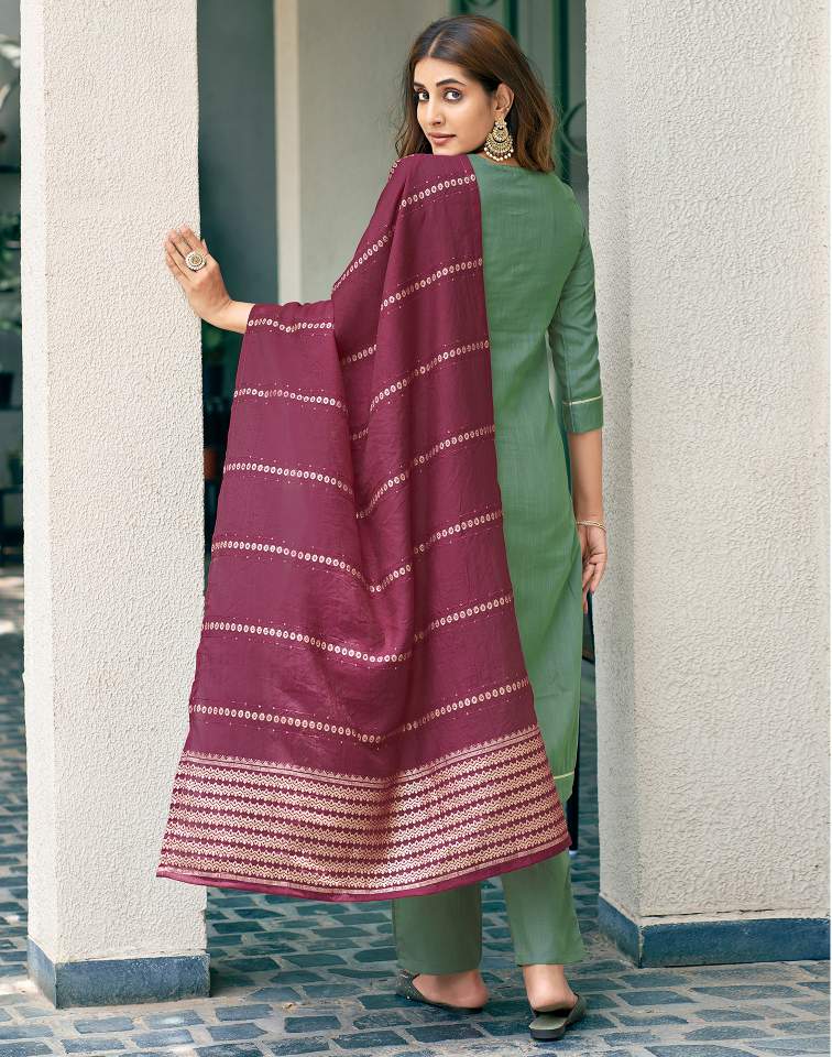 Pista Green Silk Plain Round Neck 3/4 Sleeve Straight Kurta Set With Pant & Dupatta