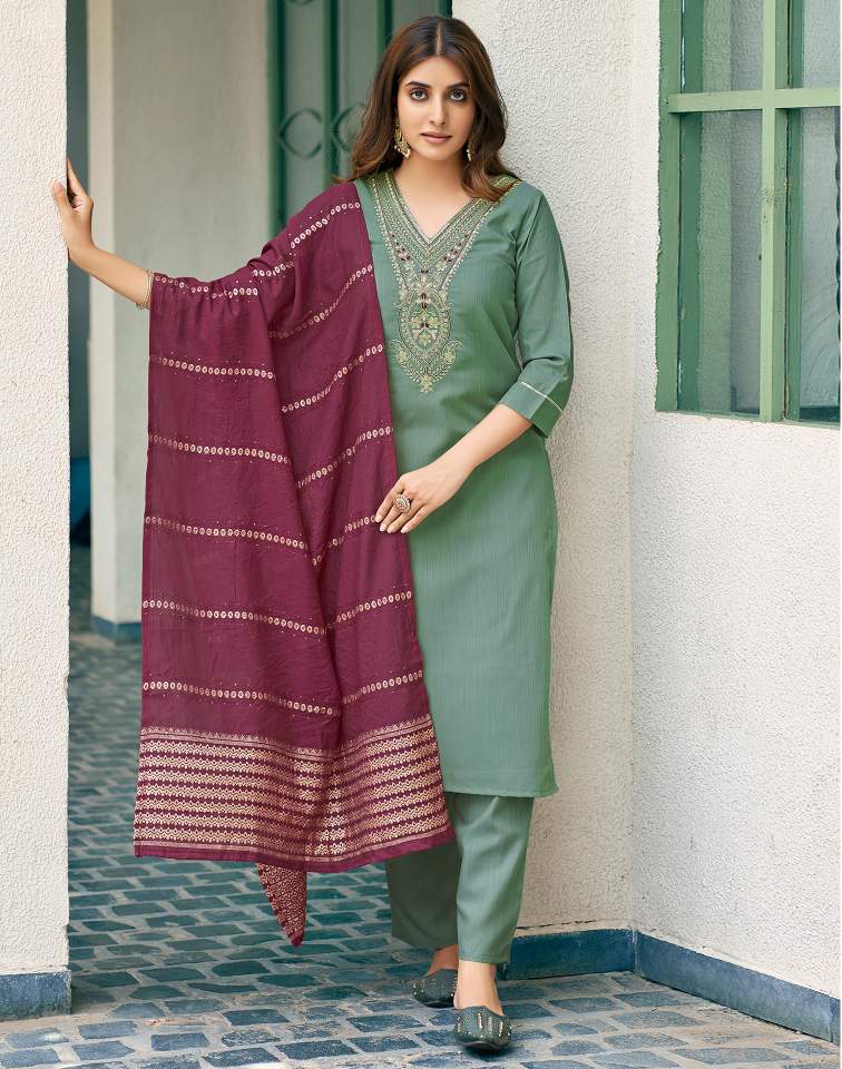 Pista Green Silk Plain Round Neck 3/4 Sleeve Straight Kurta Set With Pant & Dupatta