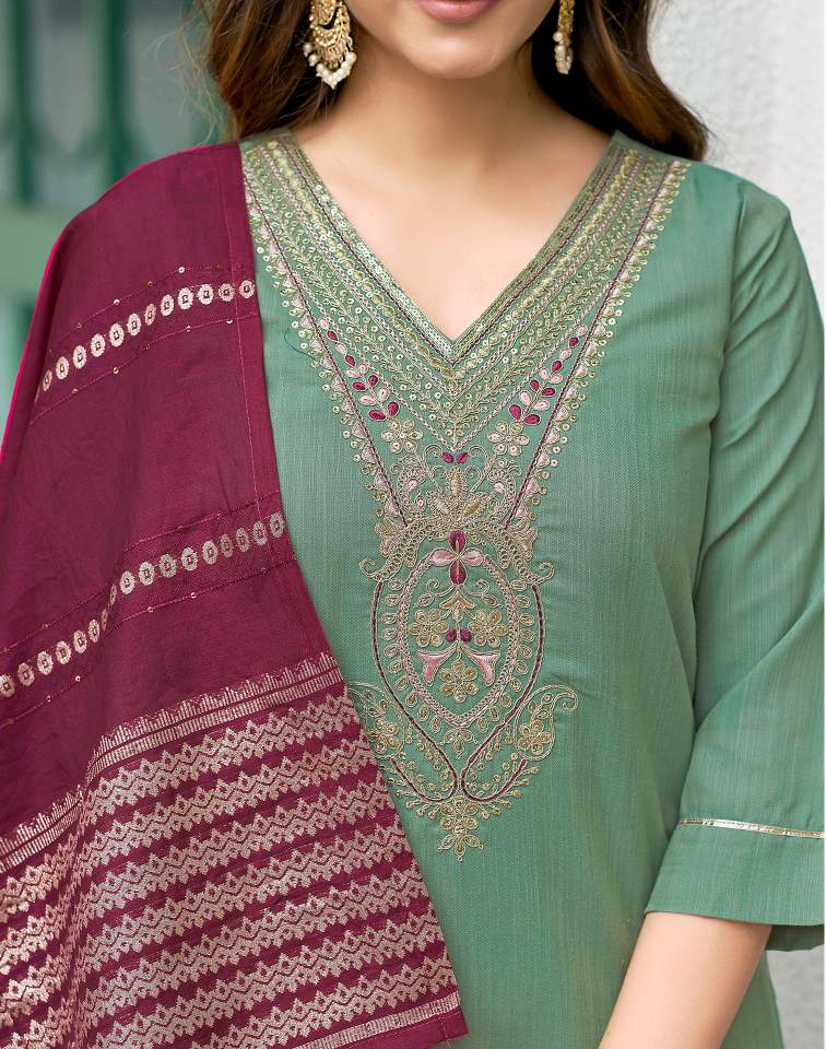 Pista Green Silk Plain Round Neck 3/4 Sleeve Straight Kurta Set With Pant & Dupatta