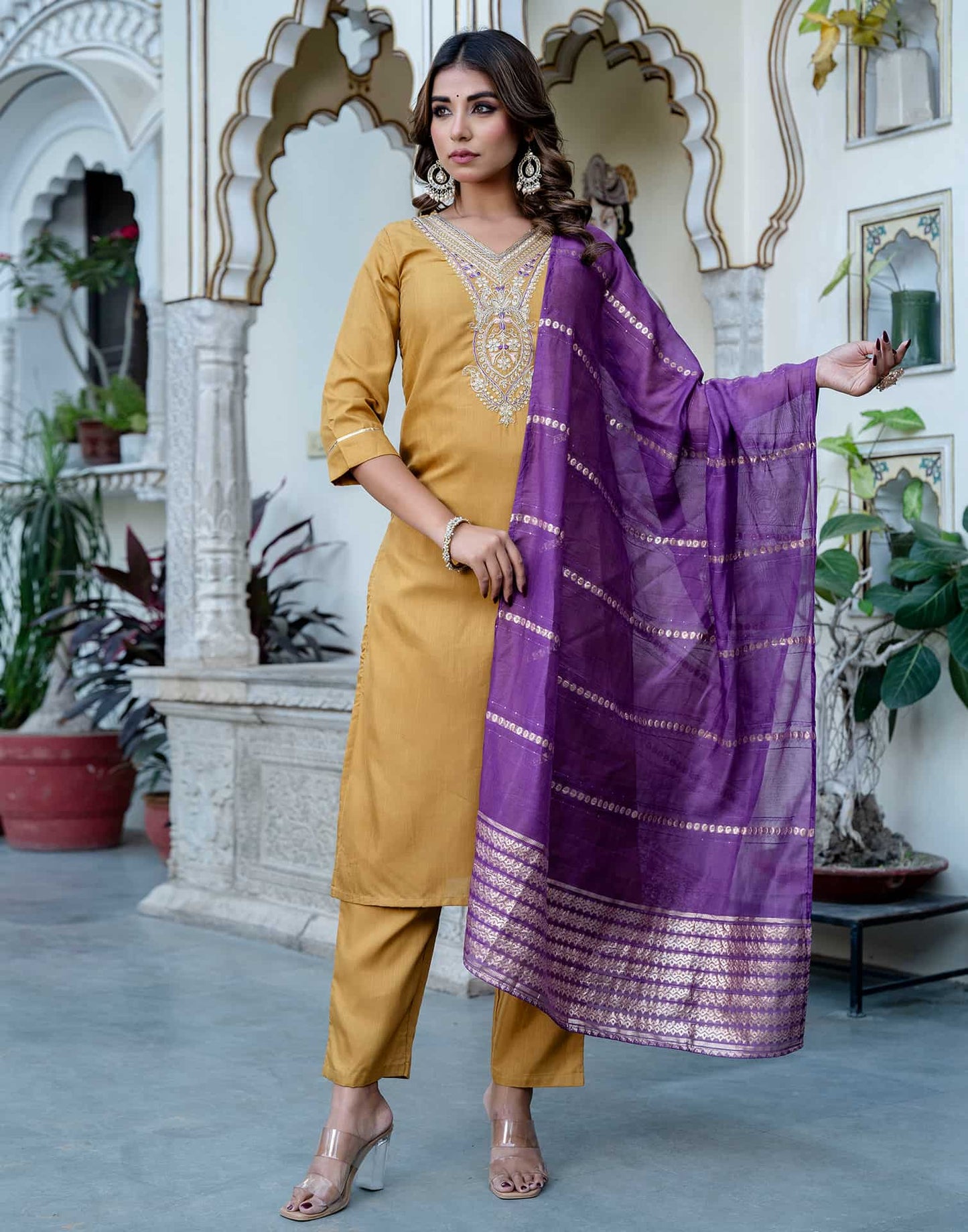 Cotton Blend Embroidered Straight Kurta with Pant & Dupatta