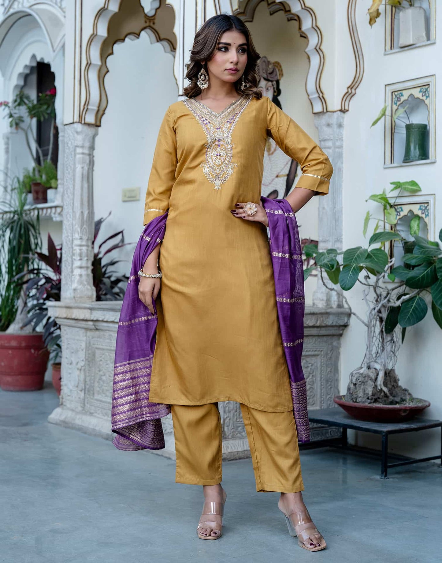 Cotton Blend Embroidered Straight Kurta with Pant & Dupatta