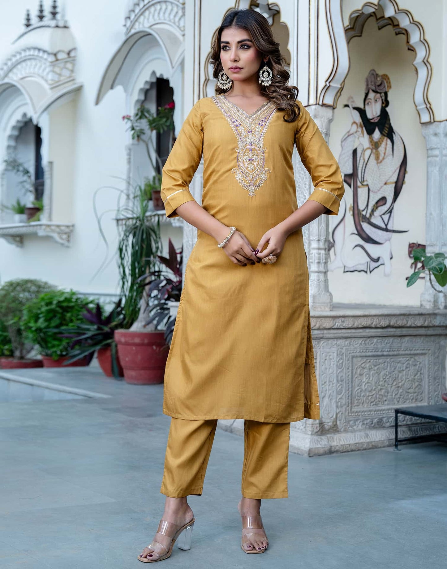 Cotton Blend Embroidered Straight Kurta with Pant & Dupatta
