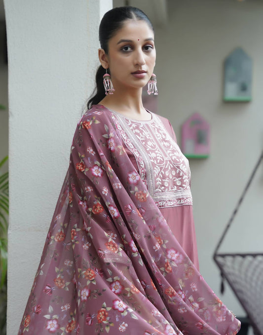 Silk Blend Embroidered Straight Kurta with Pant & Dupatta