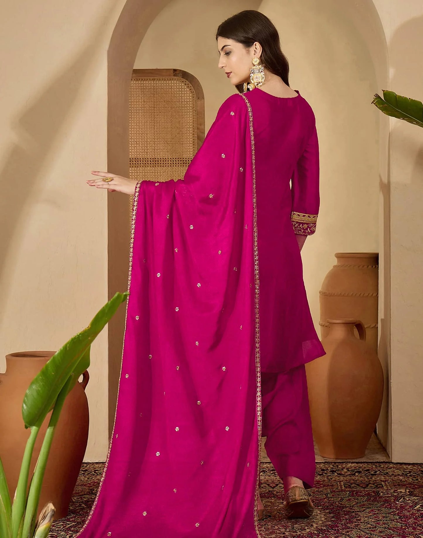 Silk Embroidered Straight Kurta with Pant & Dupatta