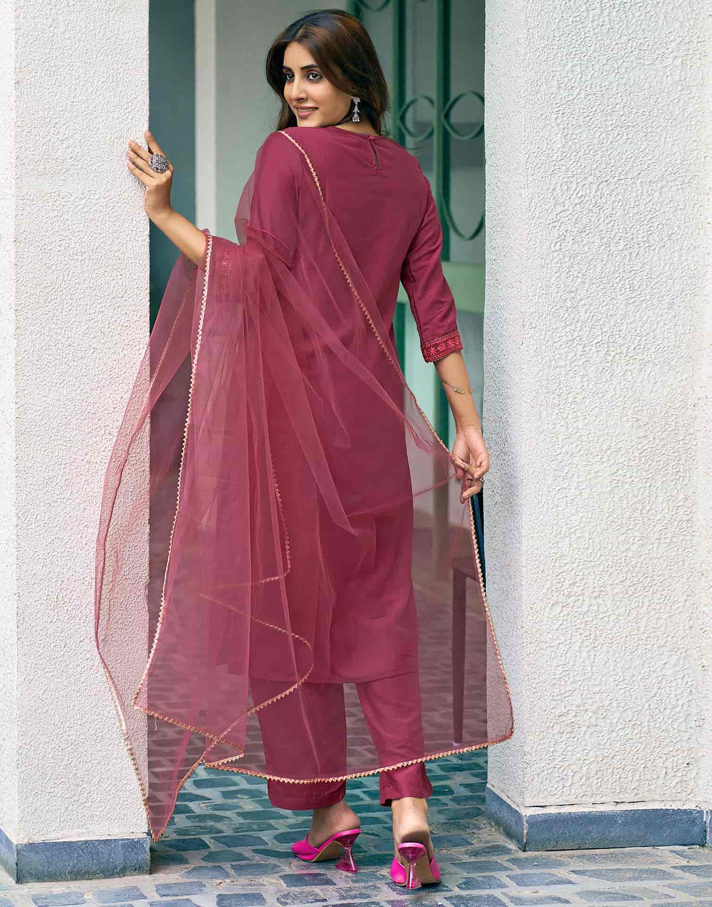 Silk Blend Dyed, Sequence Embroidery Work and Lace Straight Kurta with Pant & Dupatta