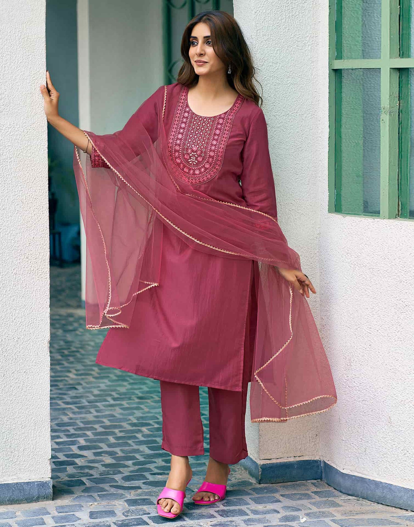 Silk Blend Dyed, Sequence Embroidery Work and Lace Straight Kurta with Pant & Dupatta