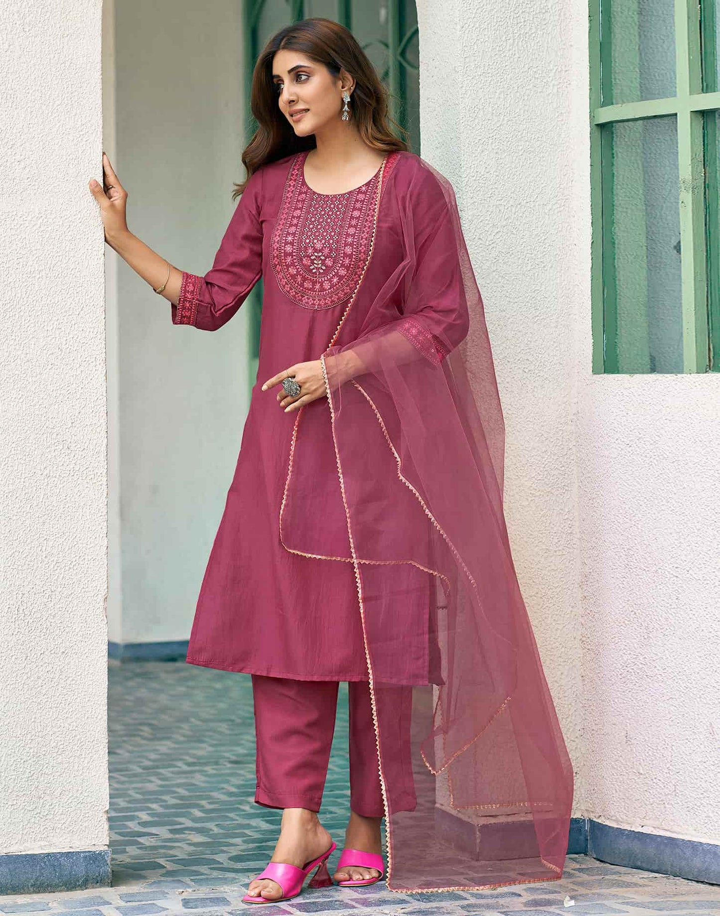 Silk Blend Dyed, Sequence Embroidery Work and Lace Straight Kurta with Pant & Dupatta