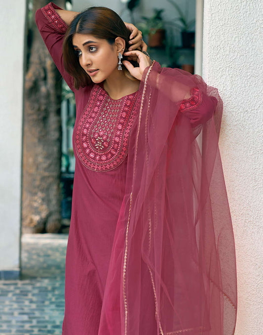 Silk Blend Dyed, Sequence Embroidery Work and Lace Straight Kurta with Pant & Dupatta