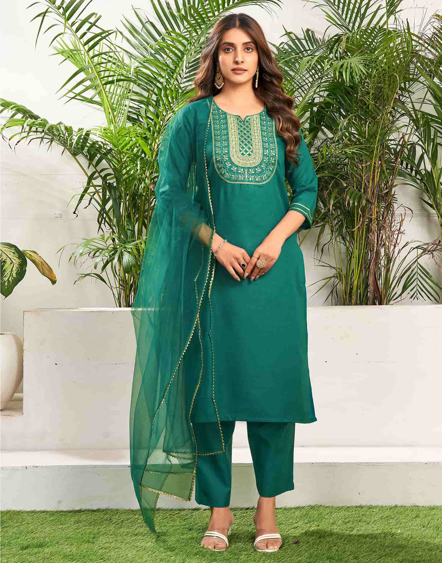 Cotton Blend Embroidery and Lace Straight Kurta with Pant & Dupatta