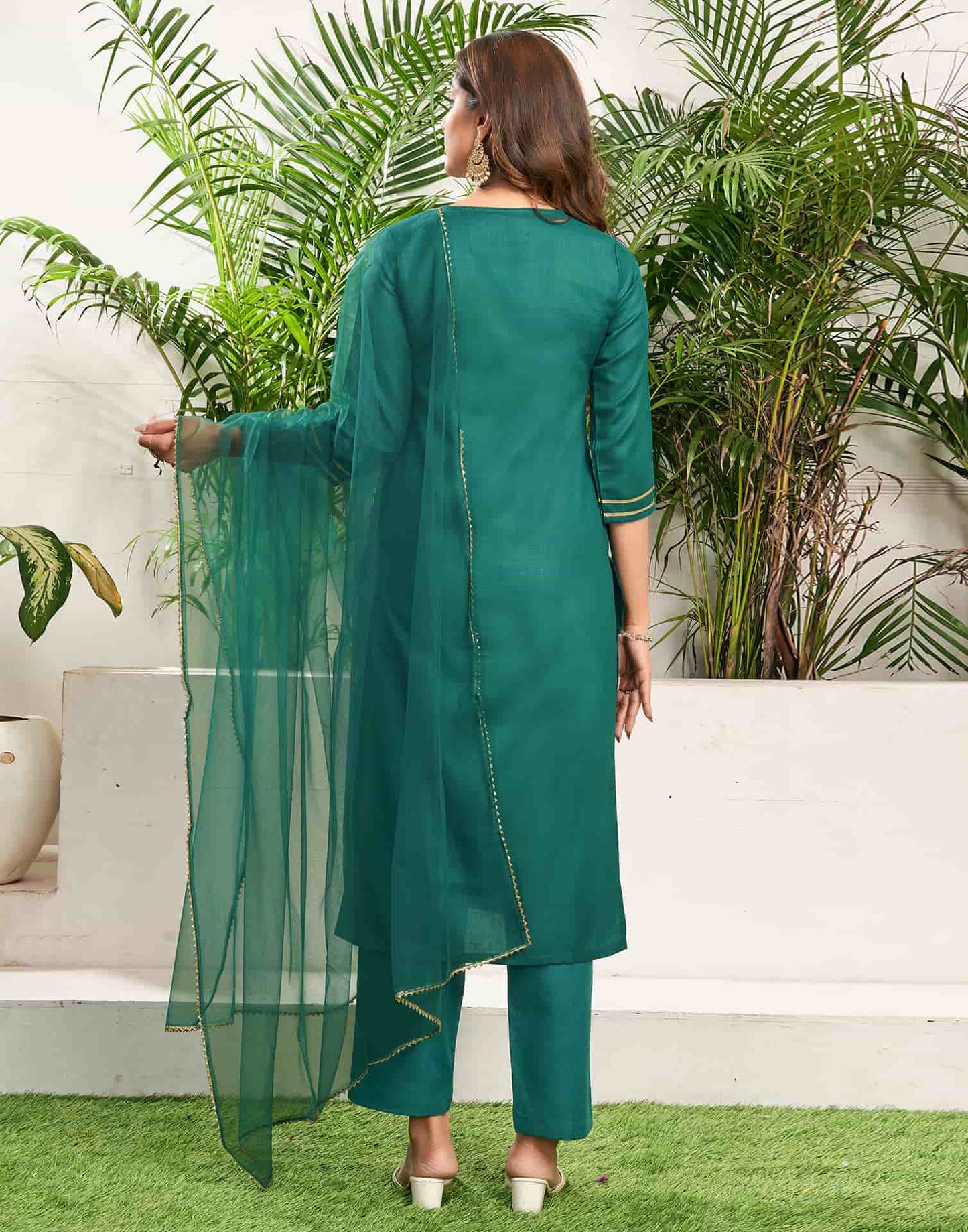 Cotton Blend Embroidery and Lace Straight Kurta with Pant & Dupatta