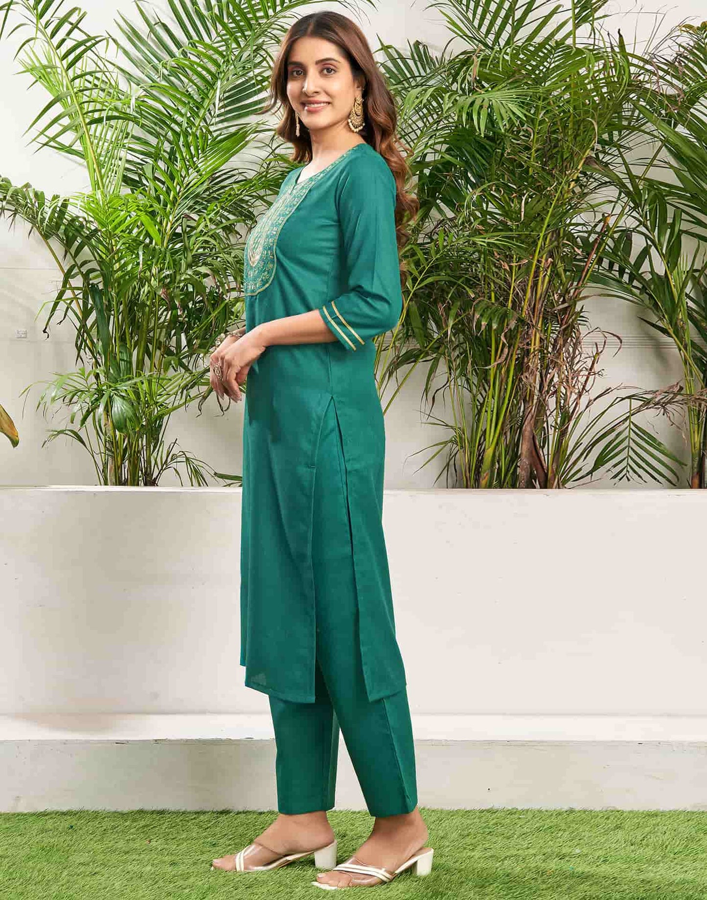 Cotton Blend Embroidery and Lace Straight Kurta with Pant & Dupatta
