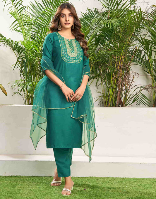 Cotton Blend Embroidery and Lace Straight Kurta with Pant & Dupatta