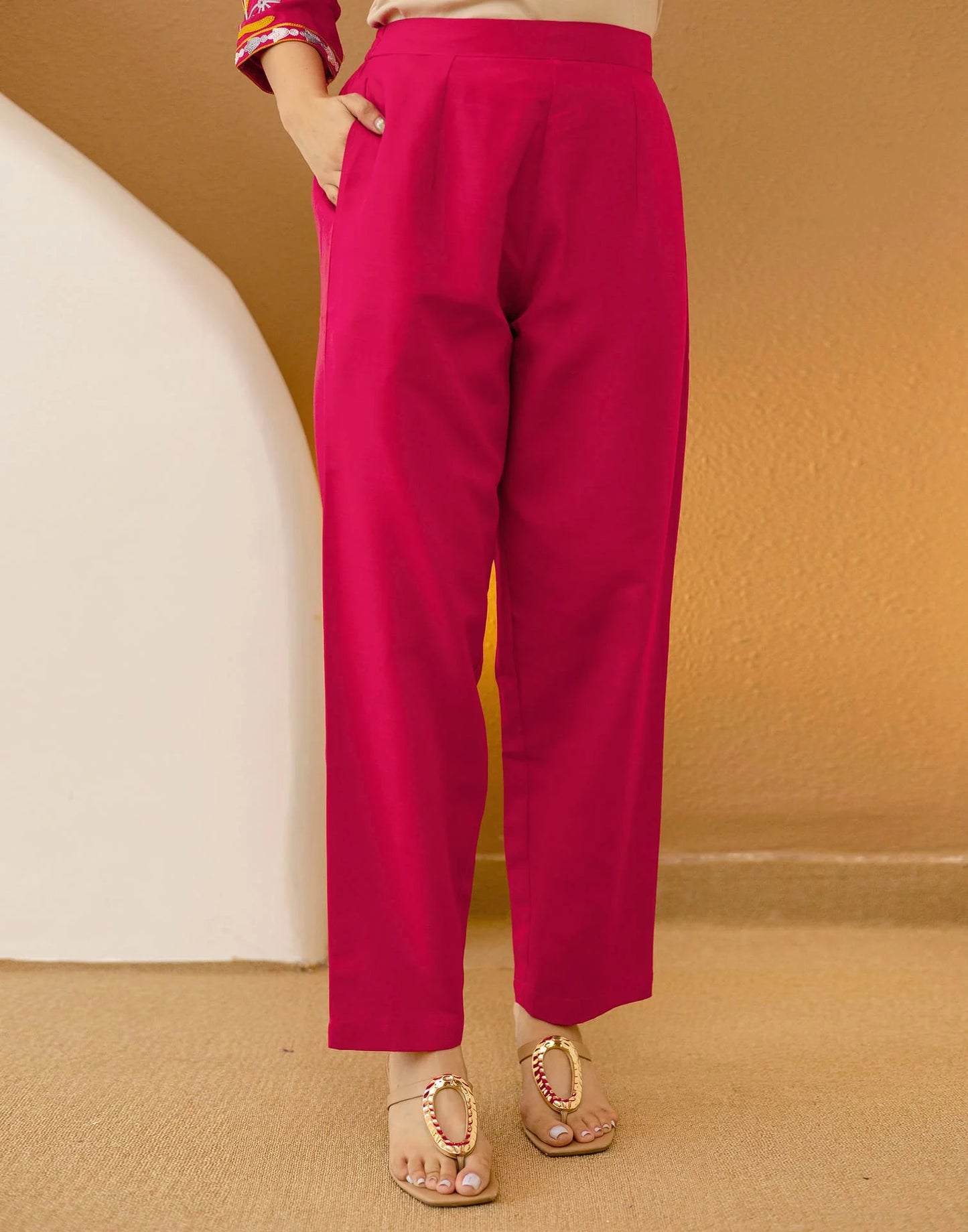 Cotton Blend Embroidered Straight Kurta with Pant & Dupatta