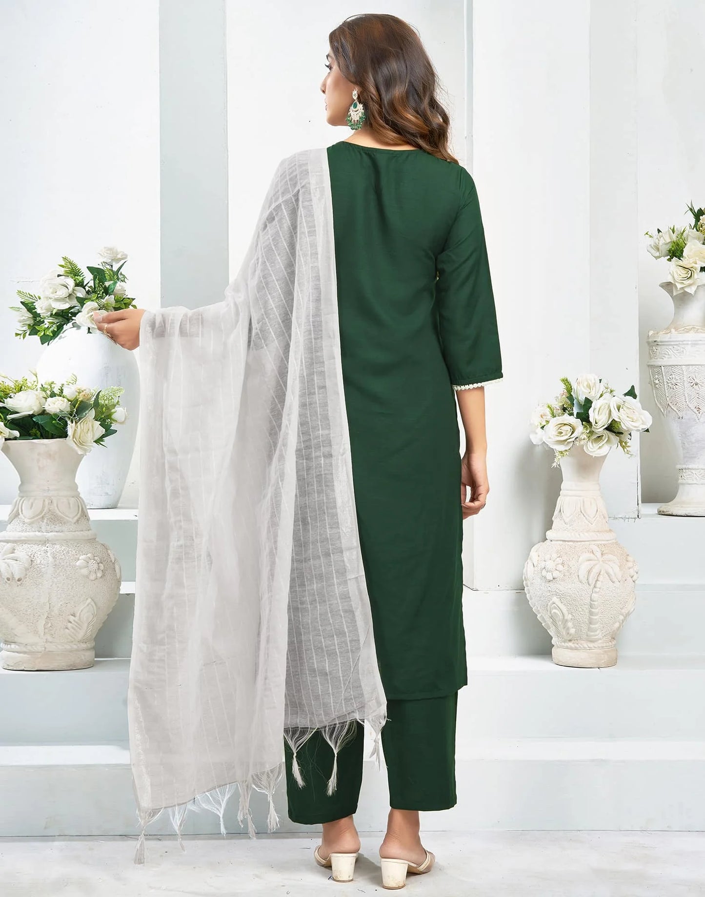 Cotton Blend Embroidered Straight Kurta with Pant & Dupatta