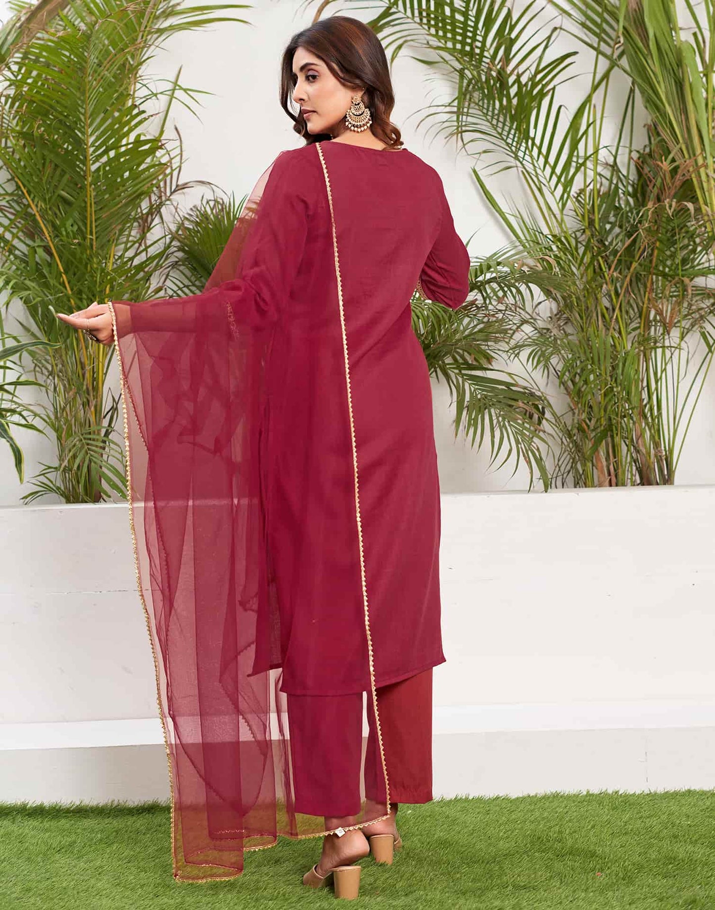 Cotton Blend Sequence Embroidery Work and Embroidered Lace Straight Kurta with Pant & Dupatta
