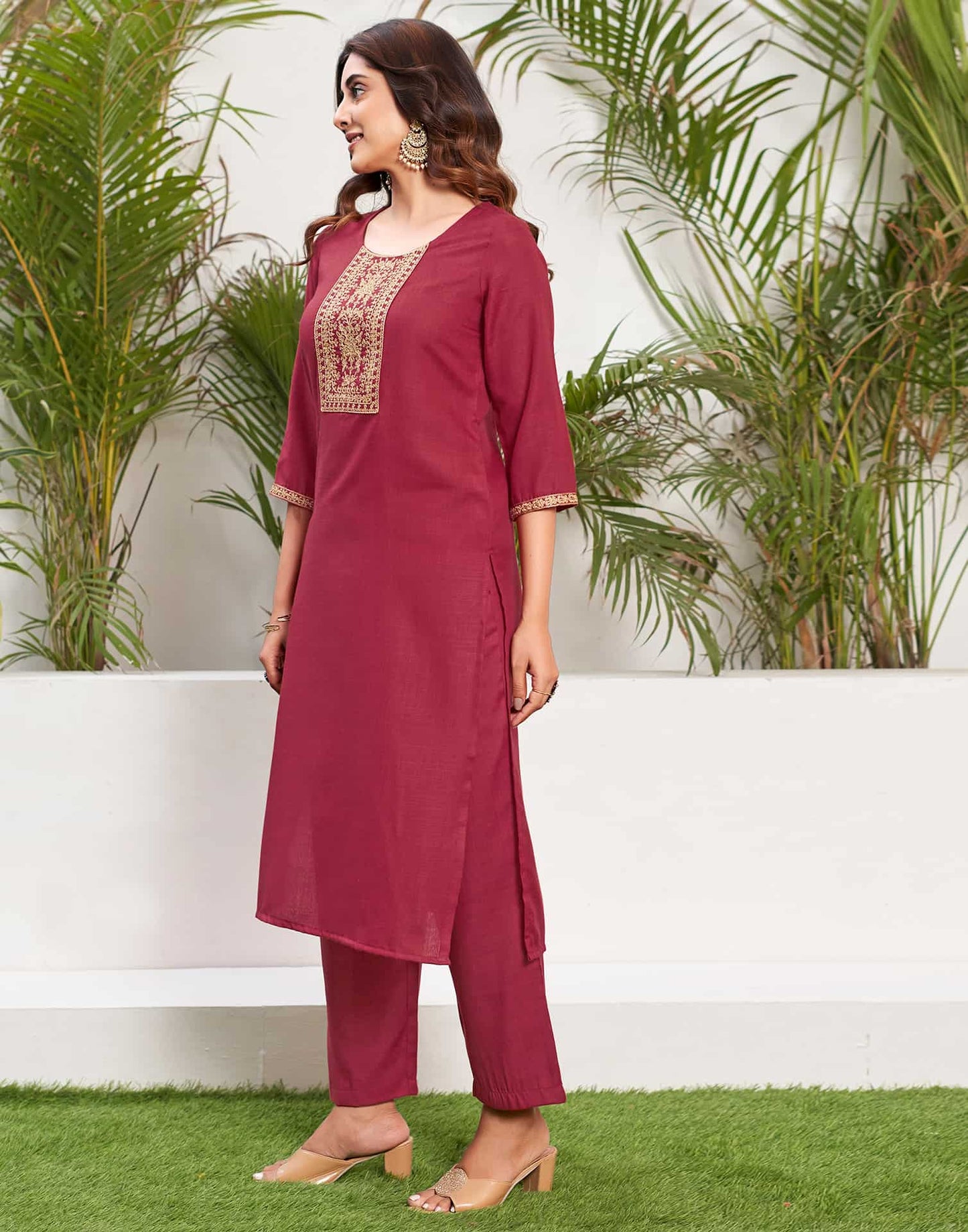 Cotton Blend Sequence Embroidery Work and Embroidered Lace Straight Kurta with Pant & Dupatta