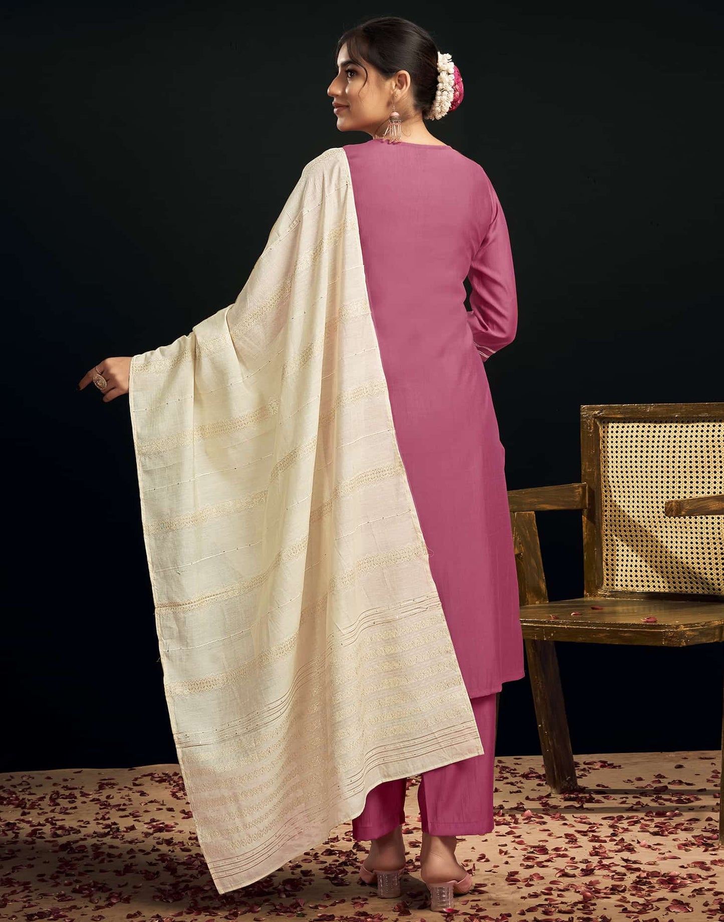 Silk Blend Embroidered Straight Kurta with Pant & Dupatta