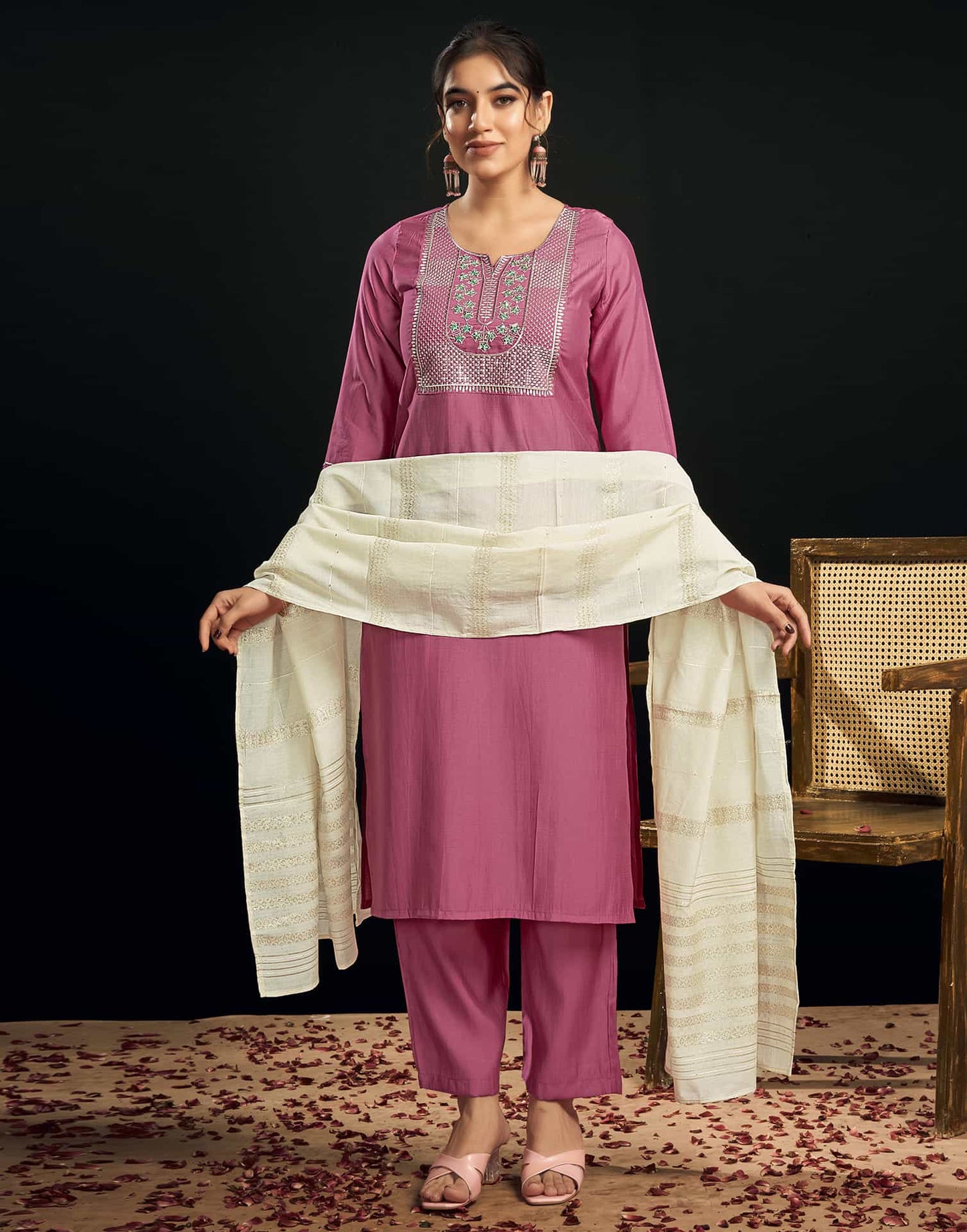 Silk Blend Embroidered Straight Kurta with Pant & Dupatta