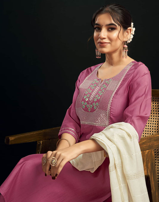 Silk Blend Embroidered Straight Kurta with Pant & Dupatta