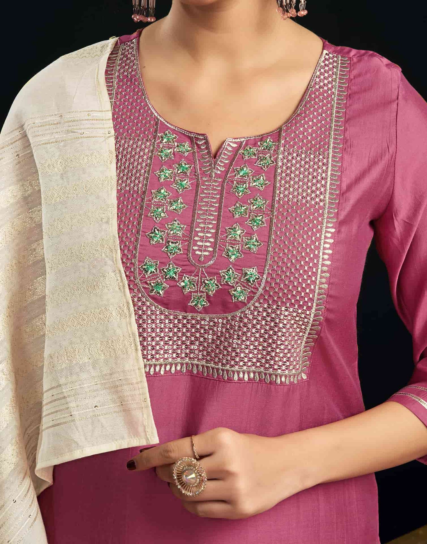 Silk Blend Embroidered Straight Kurta with Pant & Dupatta