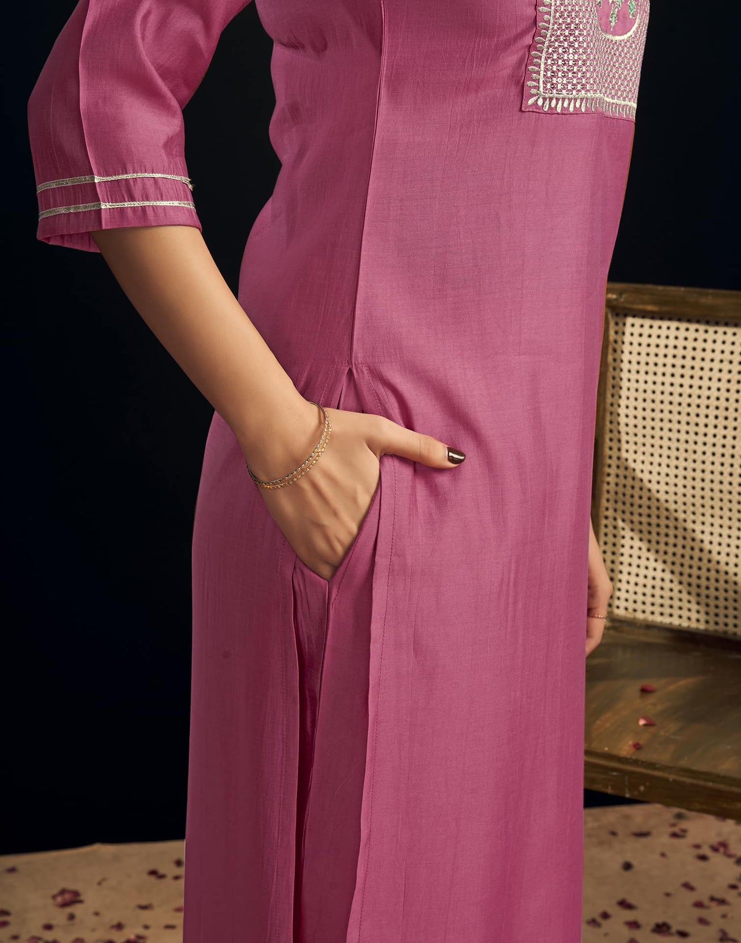 Silk Blend Embroidered Straight Kurta with Pant & Dupatta