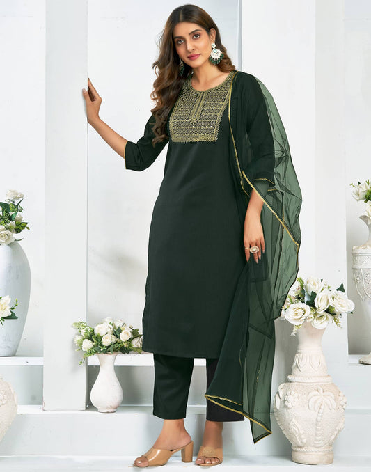 Cotton Blend Embroidered Straight Kurta with Pant & Dupatta