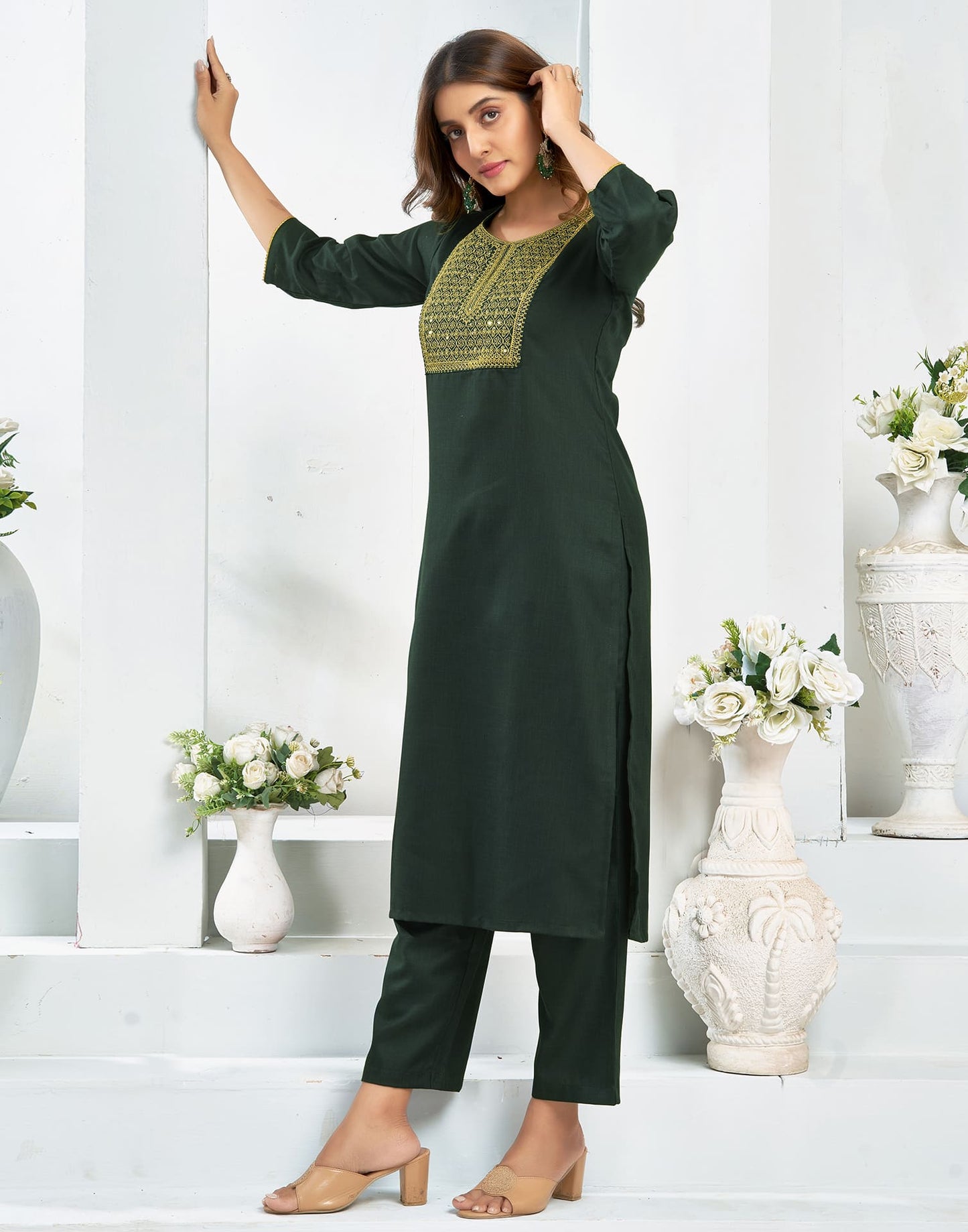 Cotton Blend Embroidered Straight Kurta with Pant & Dupatta