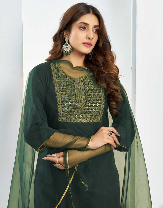 Cotton Blend Embroidered Straight Kurta with Pant & Dupatta
