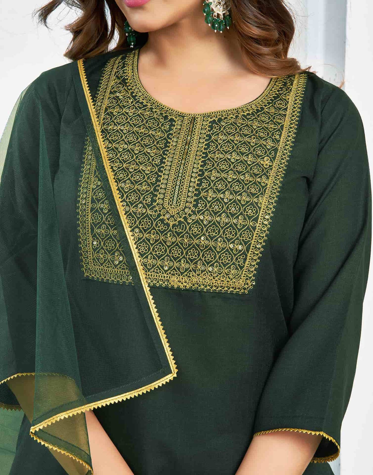 Cotton Blend Embroidered Straight Kurta with Pant & Dupatta