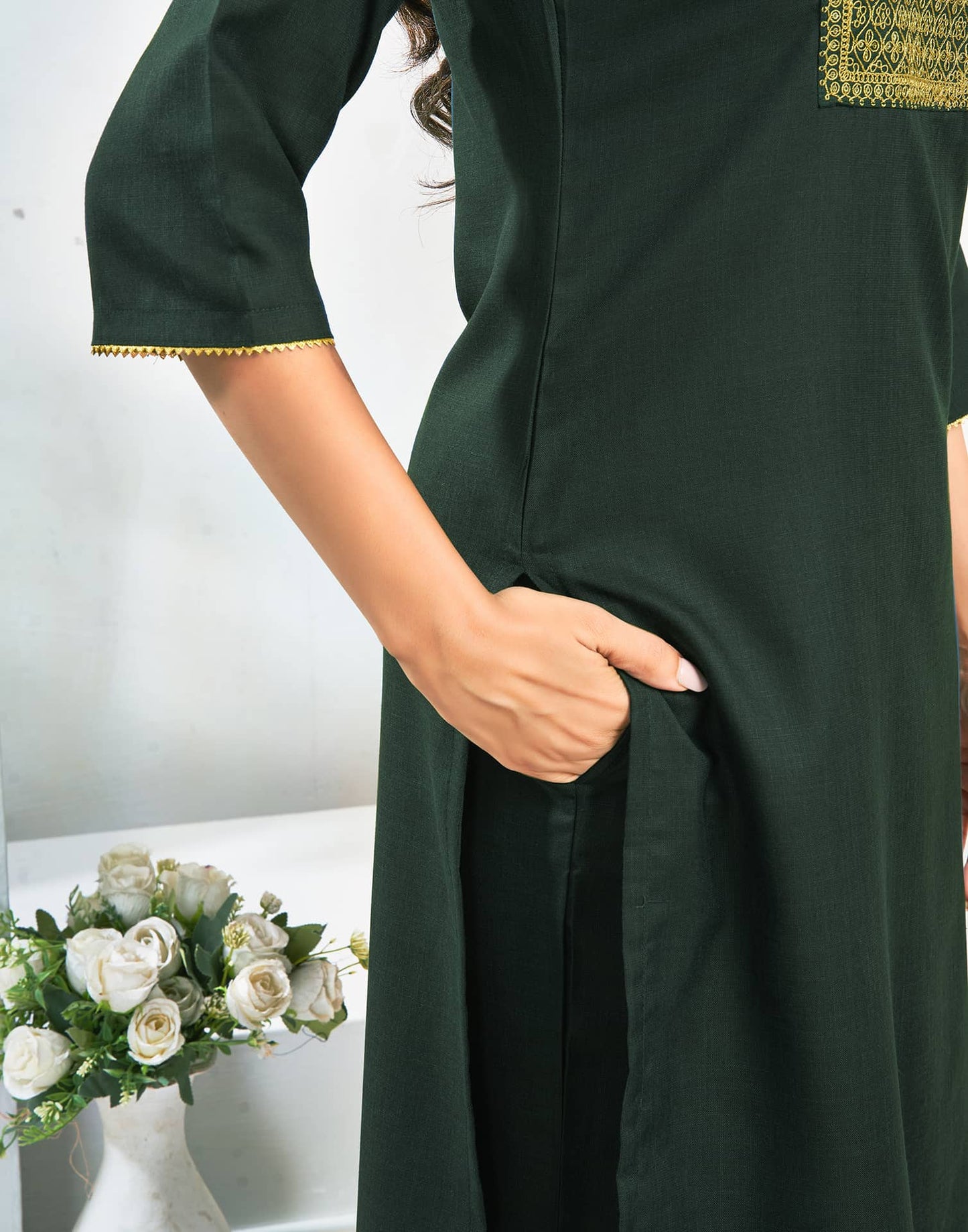 Cotton Blend Embroidered Straight Kurta with Pant & Dupatta