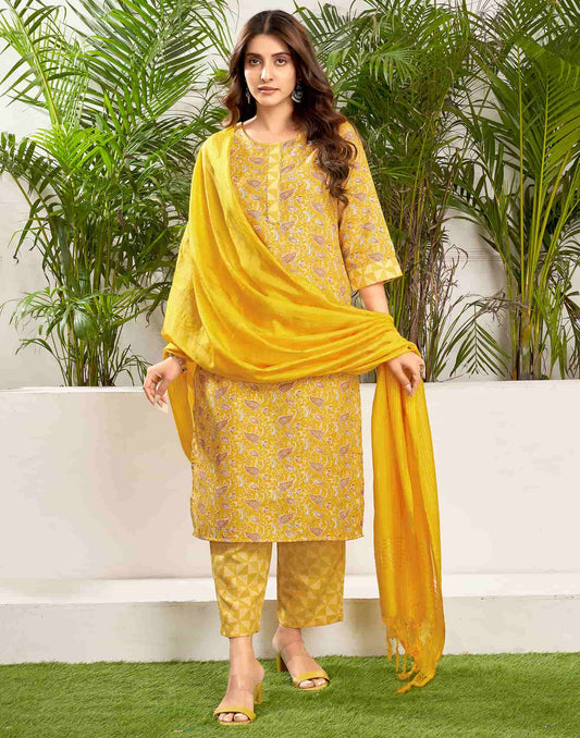 Cotton Blend Foil Printed and Gota Lace Straight Kurta with Pant & Dupatta