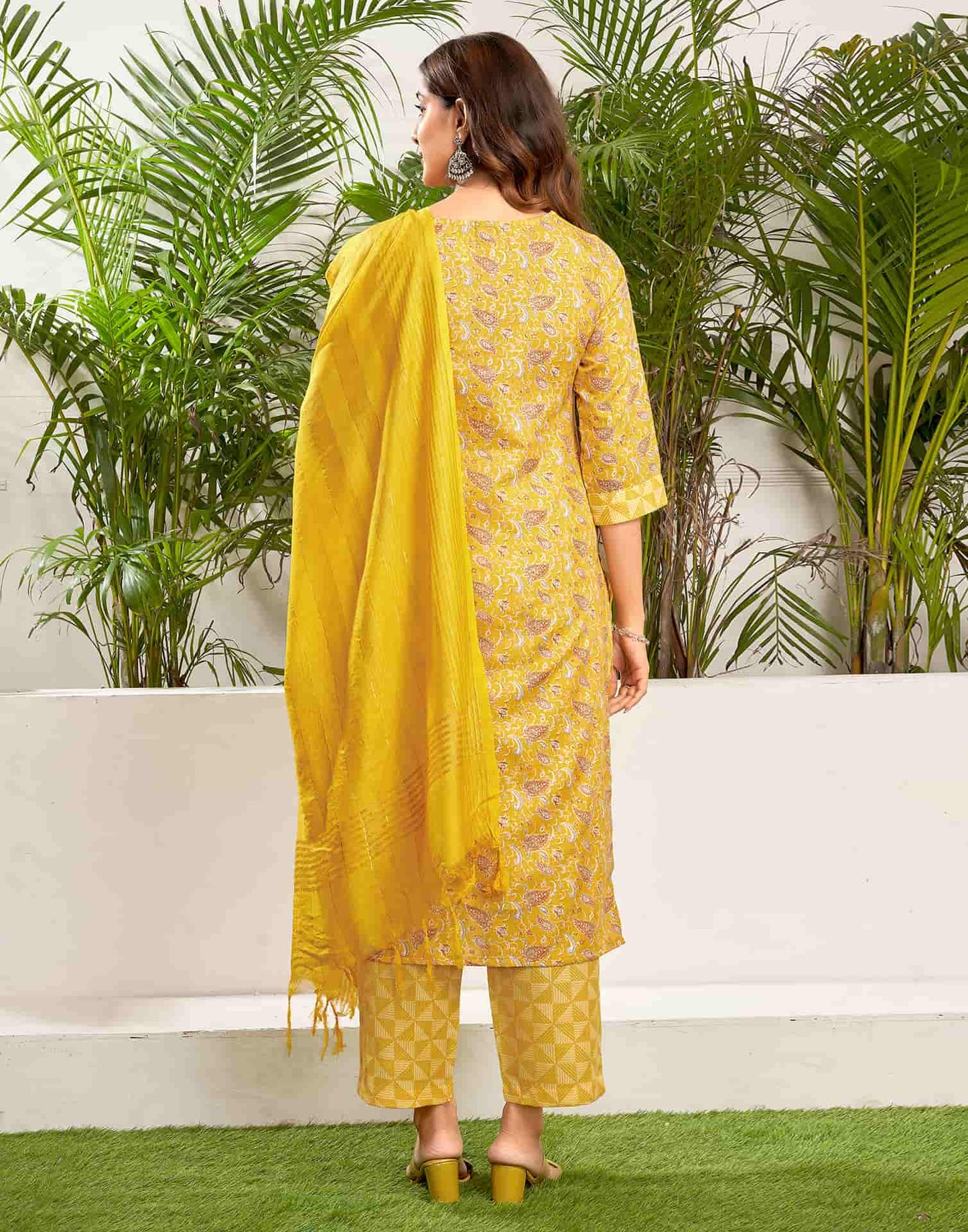 Cotton Blend Foil Printed and Gota Lace Straight Kurta with Pant & Dupatta