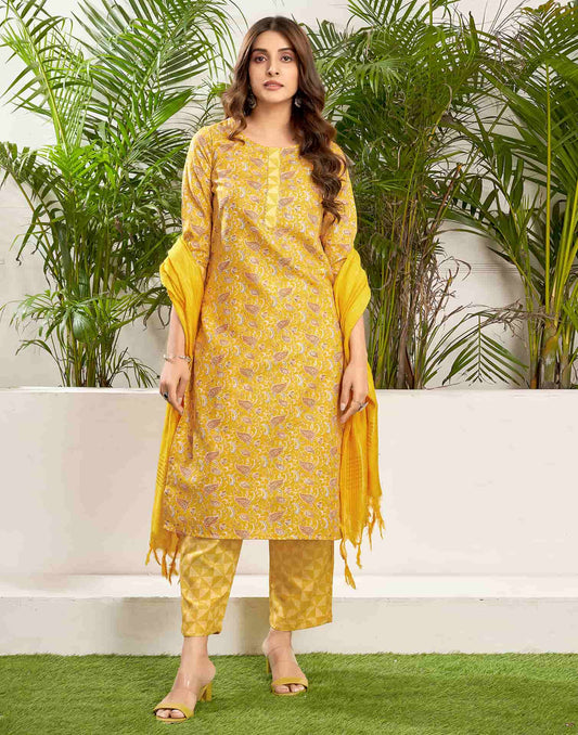 Cotton Blend Foil Printed and Gota Lace Straight Kurta with Pant & Dupatta