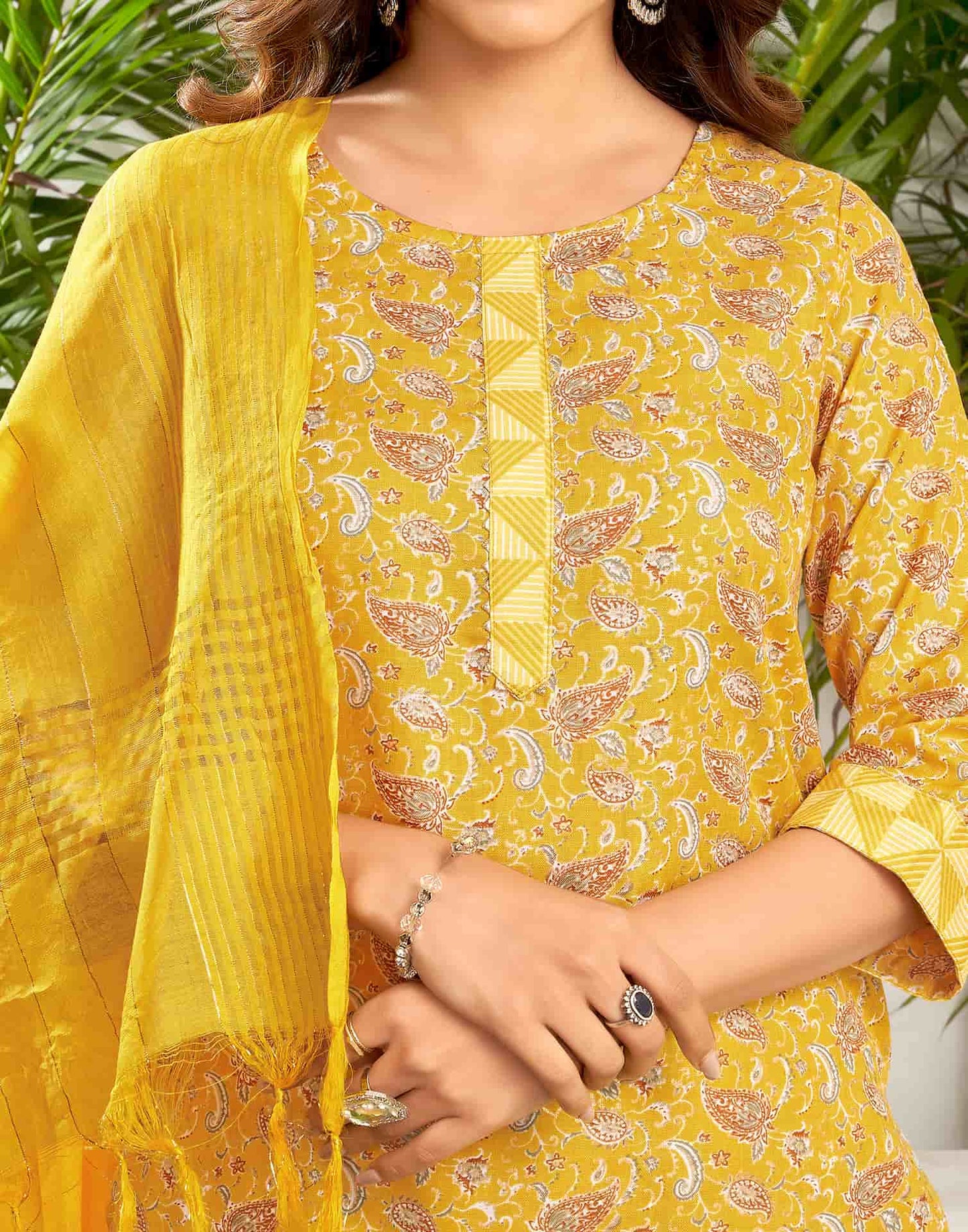 Cotton Blend Foil Printed and Gota Lace Straight Kurta with Pant & Dupatta