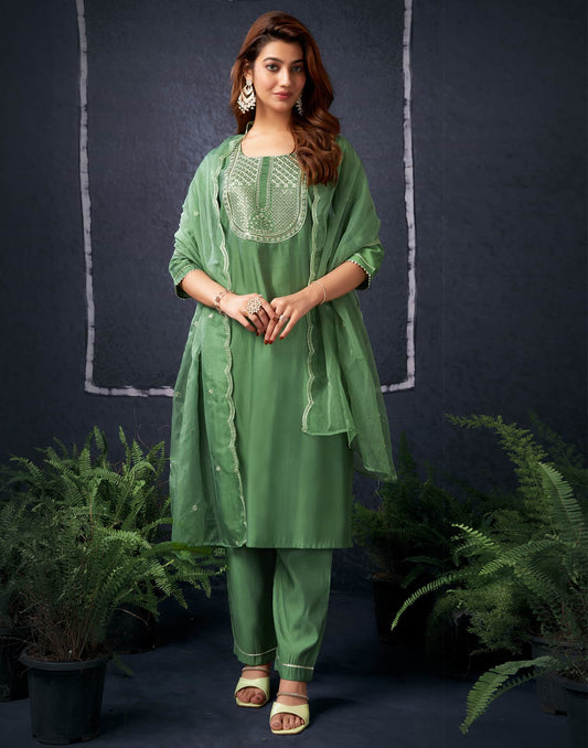 Silk Blend Embroidered Straight Kurta with Pant & Dupatta