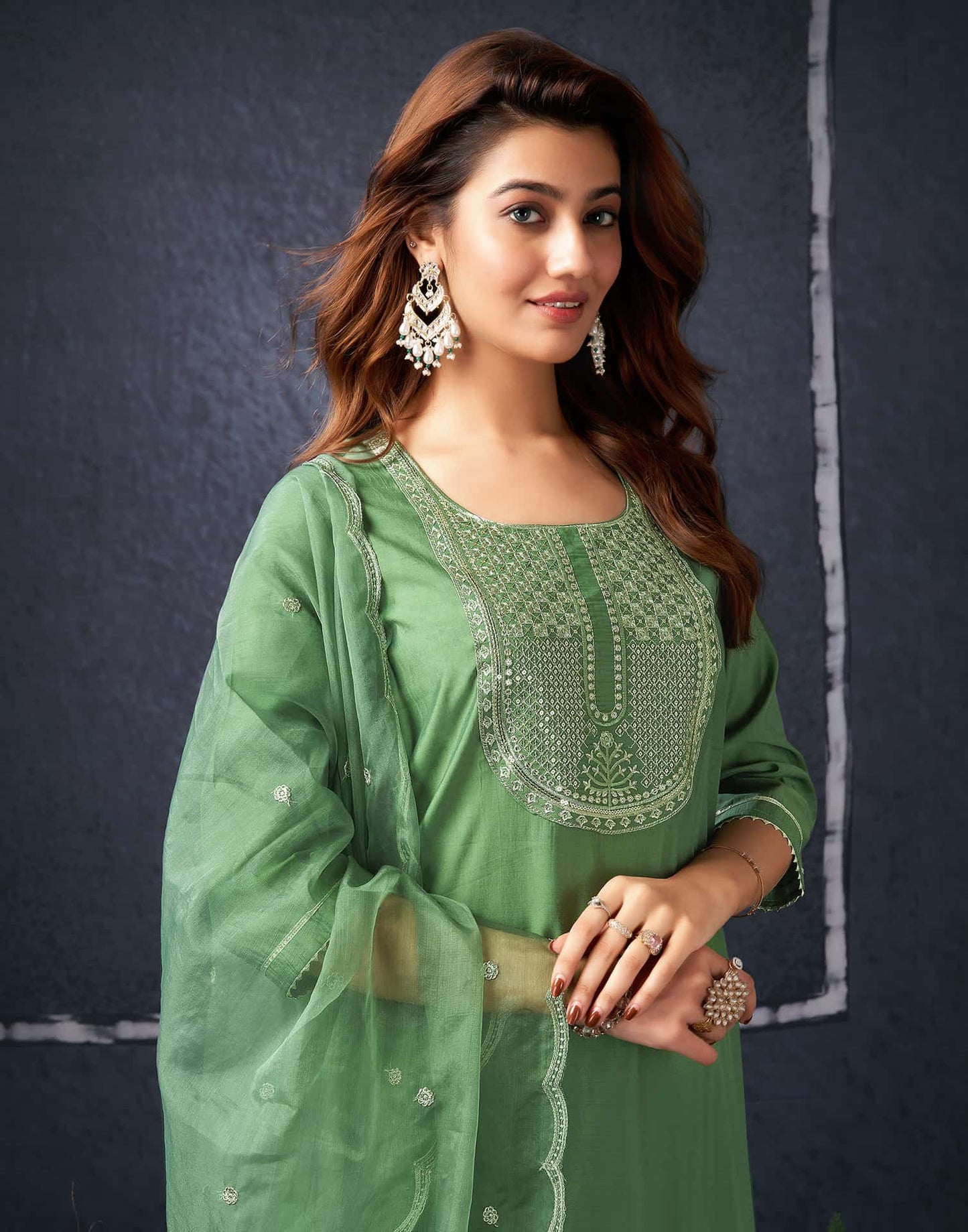 Silk Blend Embroidered Straight Kurta with Pant & Dupatta