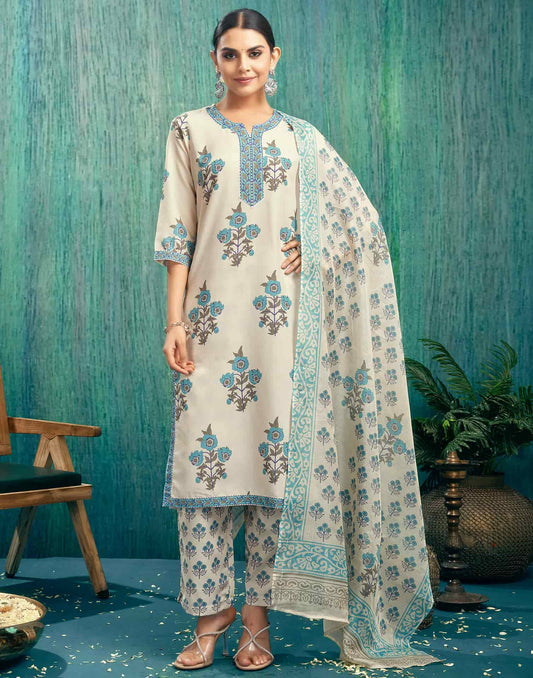Rayon Floral Printed and Printed Lace Straight Kurta with Pant & Dupatta