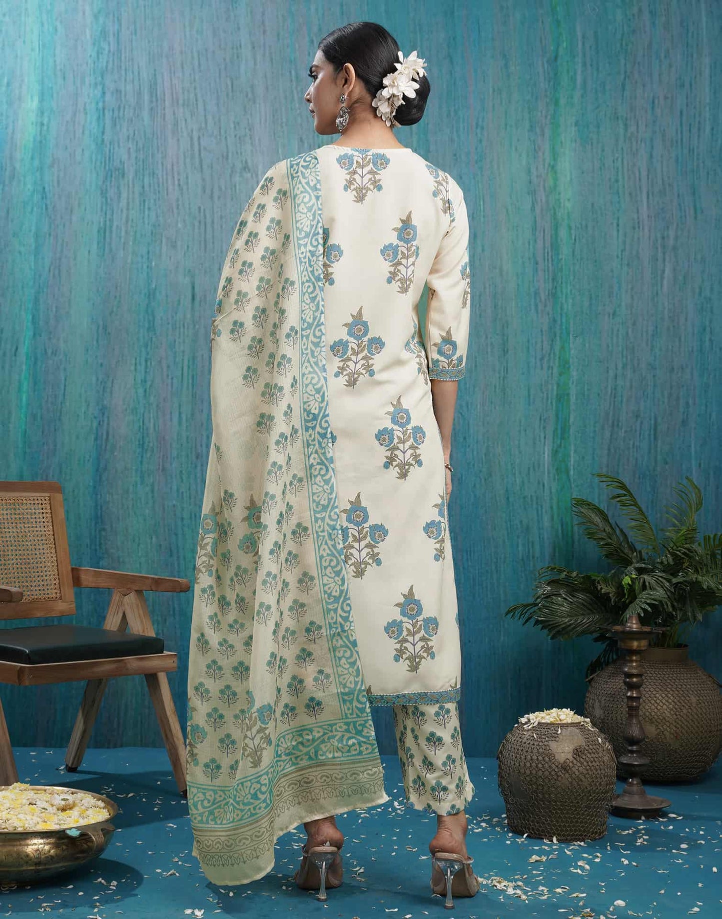 Rayon Floral Printed and Printed Lace Straight Kurta with Pant & Dupatta