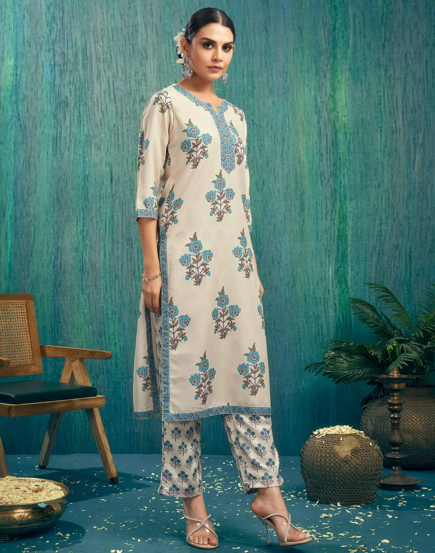 Rayon Floral Printed and Printed Lace Straight Kurta with Pant & Dupatta